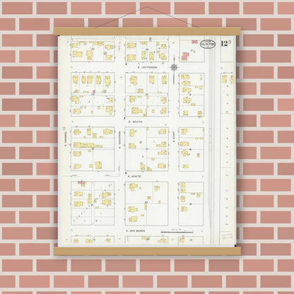 Old map wall art mockup — magnetic wood frame on brick wall — Sanborn Fire Insurance Map from Clinton, De Witt County, Illinois (1916), Sheet #0012