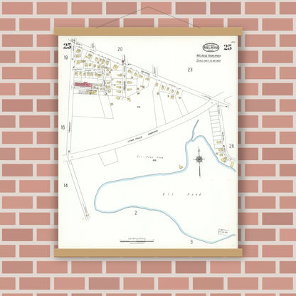 Old map wall art mockup — magnetic wood frame on brick wall — Sanborn Fire Insurance Map from Melrose, Middlesex County, Massachusetts (1923), Sheet #0025