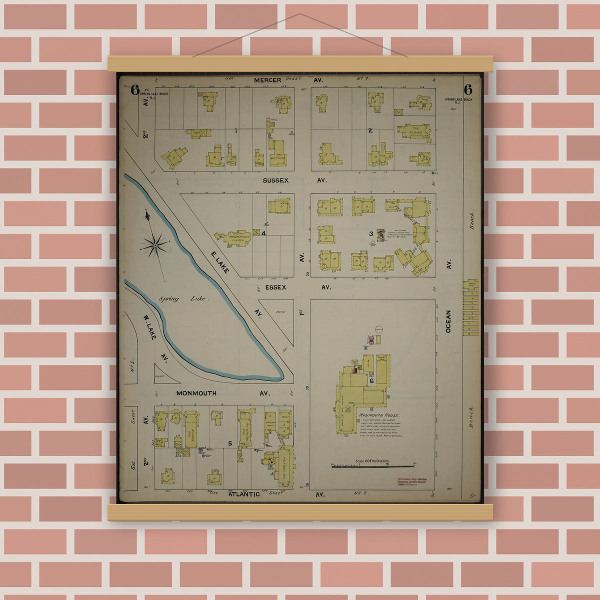 Old map wall art mockup — magnetic wood frame on brick wall — Sanborn Fire Insurance Map from New Jersey Coast, New Jersey Coast, New Jersey (1890), Sheet #0006