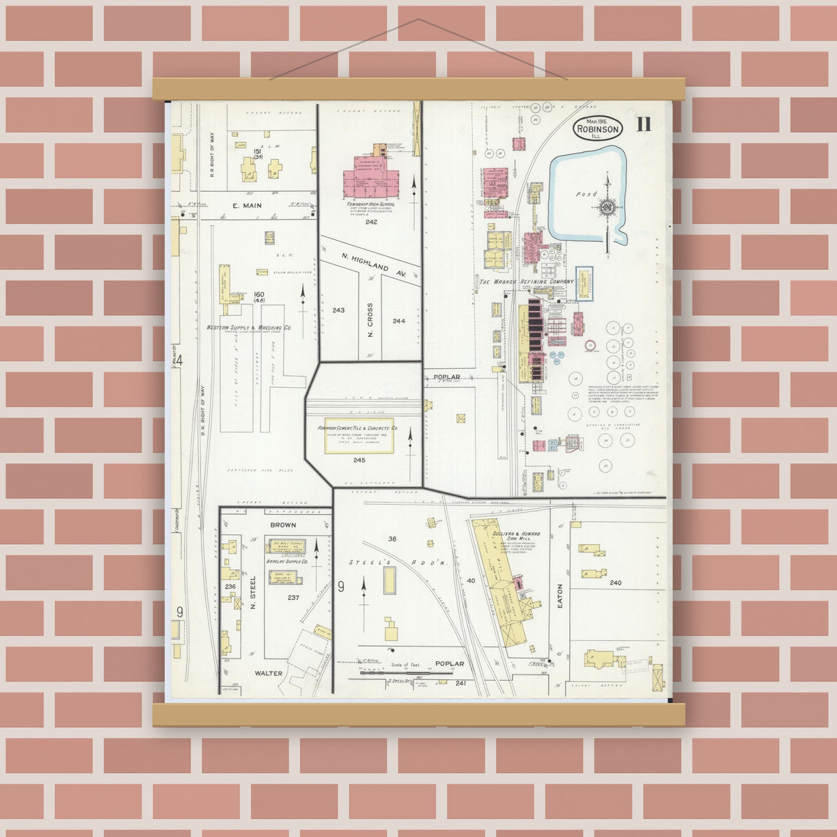 Old map wall art mockup — magnetic wood frame on brick wall — Sanborn Fire Insurance Map from Robinson, Crawford County, Illinois (1916), Sheet #0011