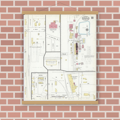 Old map wall art mockup — magnetic wood frame on brick wall — Sanborn Fire Insurance Map from Robinson, Crawford County, Illinois (1916), Sheet #0011