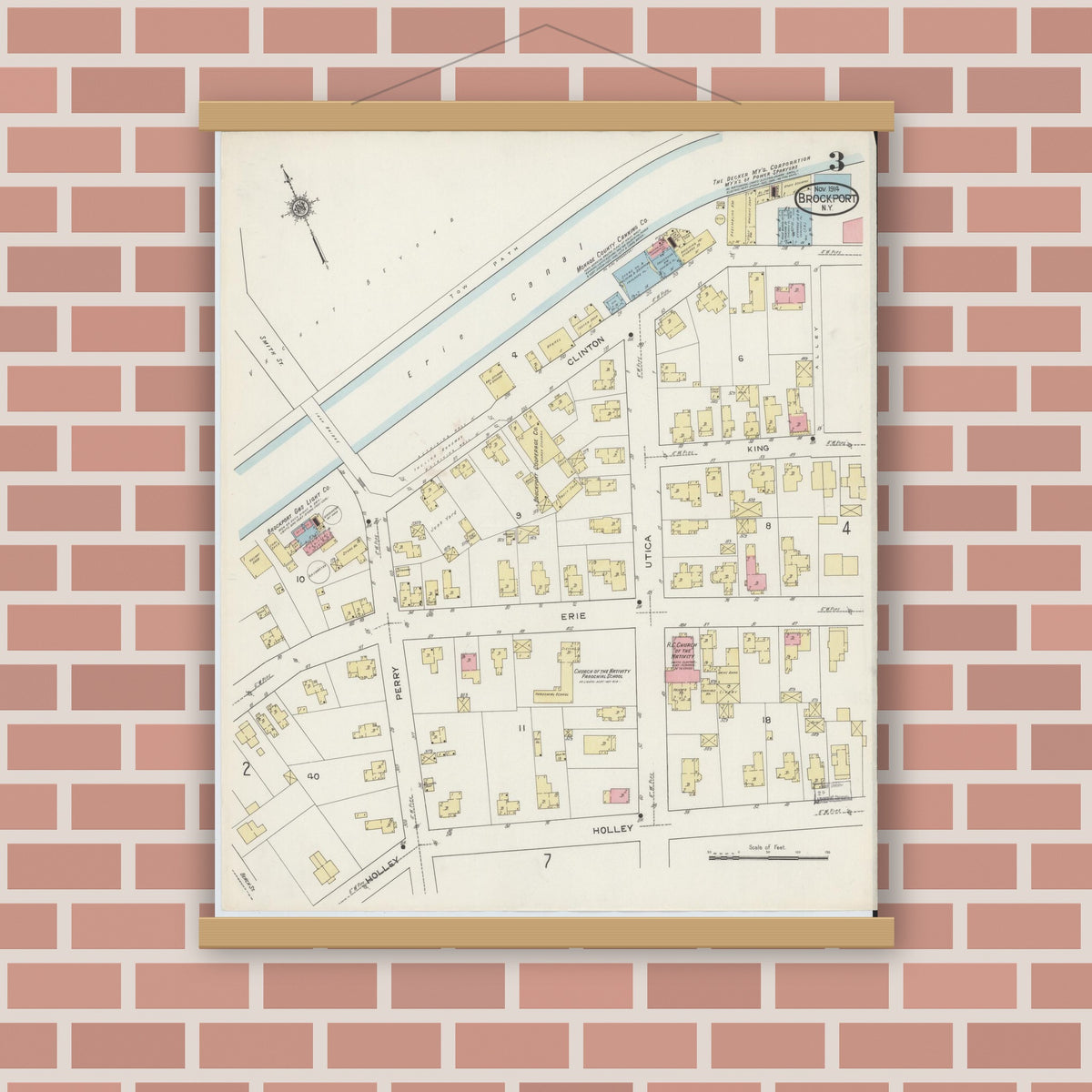 Old map wall art mockup — magnetic wood frame on brick wall — Sanborn Fire Insurance Map from Brockport, Monroe County, New York (1914), Sheet #0003