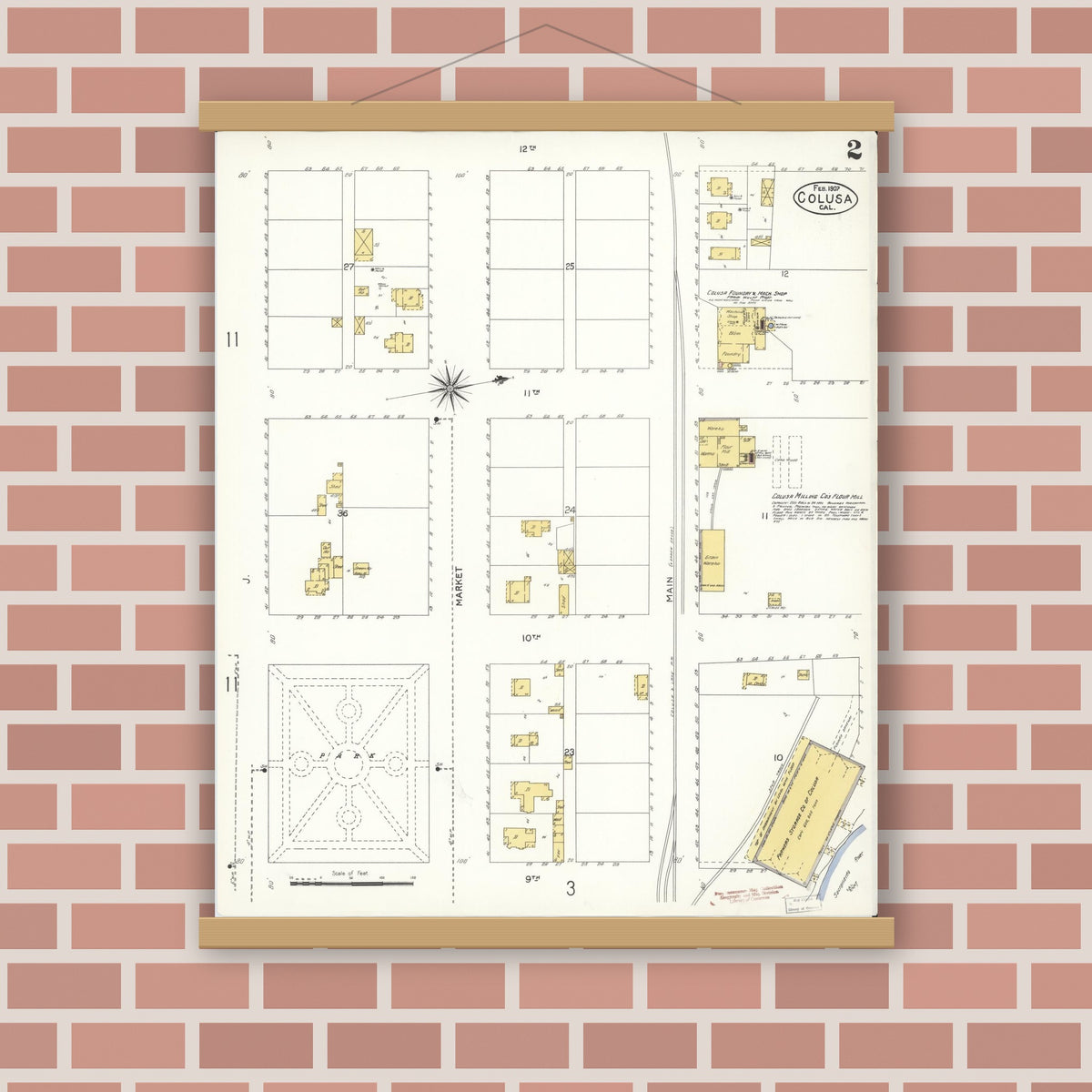 Old map wall art mockup — magnetic wood frame on brick wall — Sanborn Fire Insurance Map from Colusa, Colusa County, California (1907), Sheet #0002