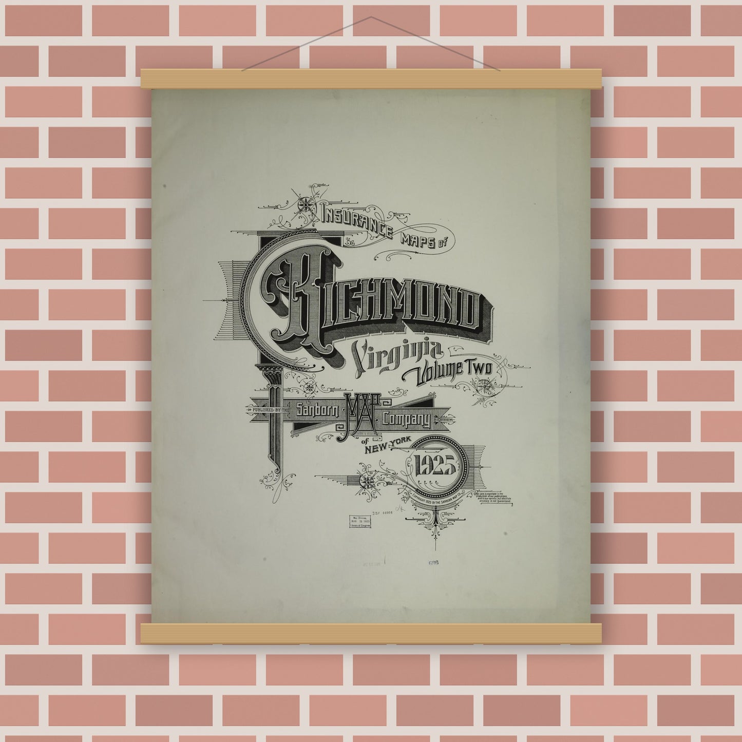 Old map wall art mockup — magnetic wood frame on brick wall — Sanborn Fire Insurance Map from Richmond, Independent Cities, Virginia (1925), Sheet #0001
