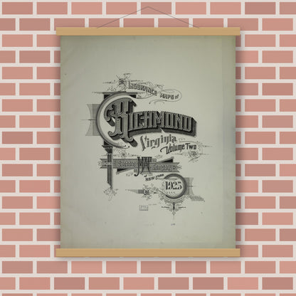 Old map wall art mockup — magnetic wood frame on brick wall — Sanborn Fire Insurance Map from Richmond, Independent Cities, Virginia (1925), Sheet #0001
