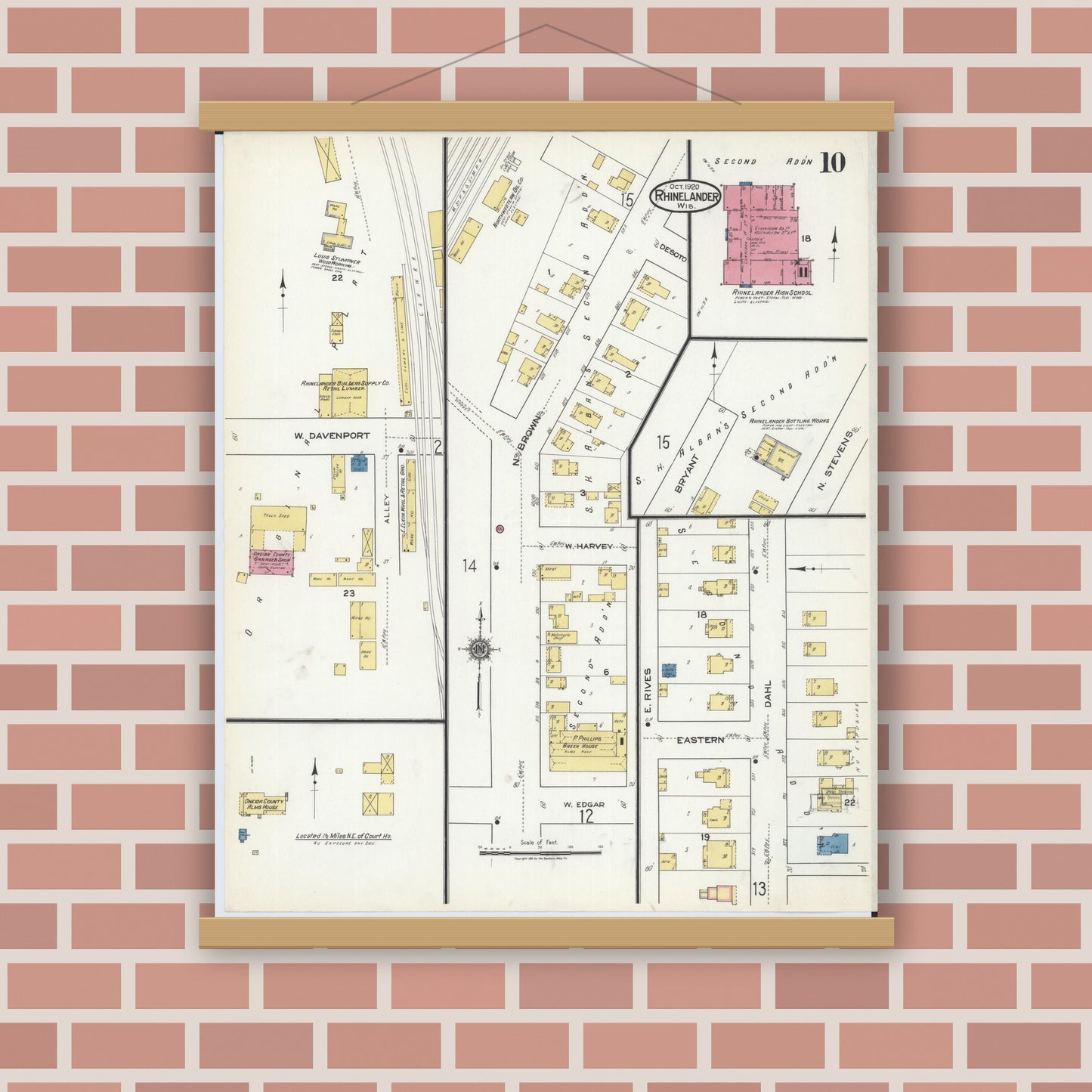 Old map wall art mockup — magnetic wood frame on brick wall — Sanborn Fire Insurance Map from Rhinelander, Oneida County, Wisconsin (1920), Sheet #0010