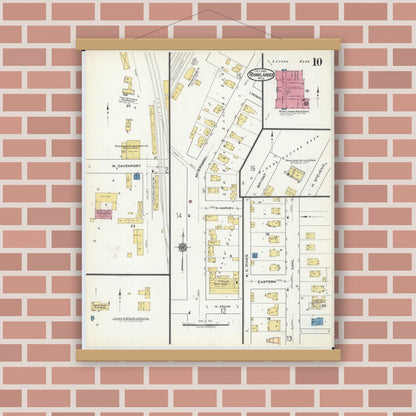Old map wall art mockup — magnetic wood frame on brick wall — Sanborn Fire Insurance Map from Rhinelander, Oneida County, Wisconsin (1920), Sheet #0010
