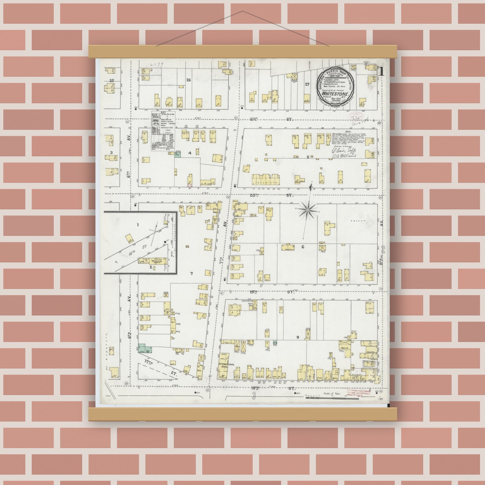 Old map wall art mockup — magnetic wood frame on brick wall — Sanborn Fire Insurance Map from Whitestone, Queens County, New York (1895) - Complete Map Set
