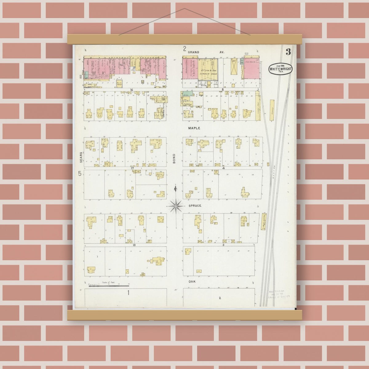 Old map wall art mockup — magnetic wood frame on brick wall — Sanborn Fire Insurance Map from Whitewright, Grayson County, Texas (1896), Sheet #0003