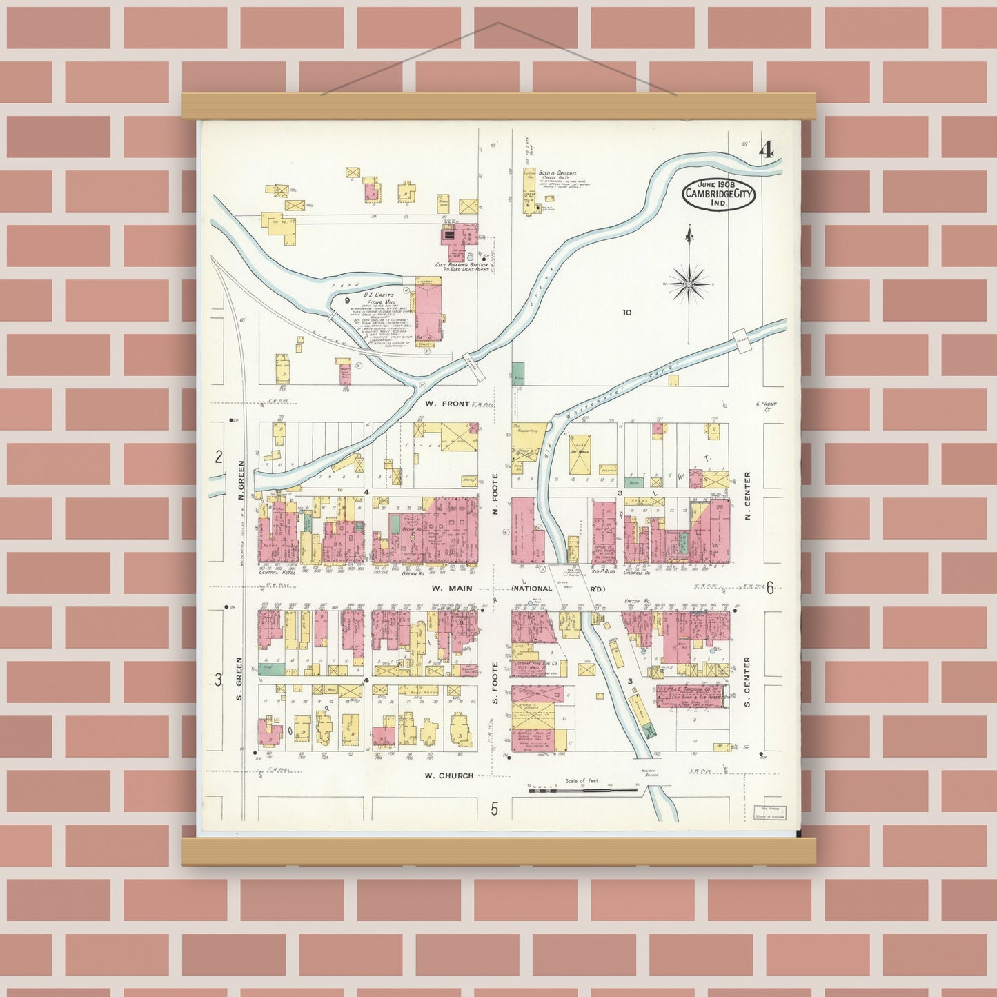 Old map wall art mockup — magnetic wood frame on brick wall — Sanborn Fire Insurance Map from Cambridge City, Wayne County, Indiana (1908), Sheet #0004