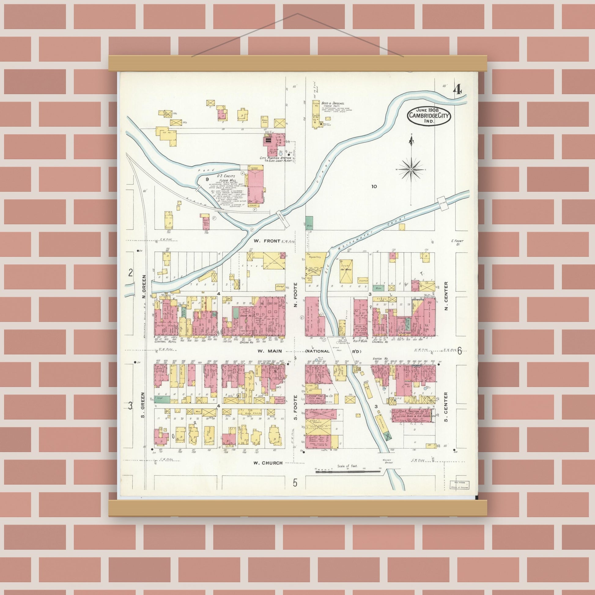 Old map wall art mockup — magnetic wood frame on brick wall — Sanborn Fire Insurance Map from Cambridge City, Wayne County, Indiana (1908), Sheet #0004
