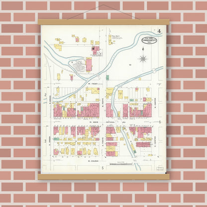 Old map wall art mockup — magnetic wood frame on brick wall — Sanborn Fire Insurance Map from Cambridge City, Wayne County, Indiana (1908), Sheet #0004