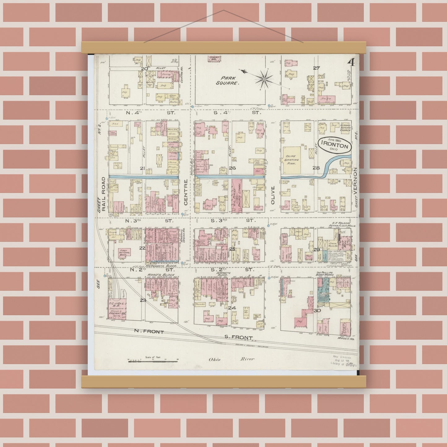 Old map wall art mockup — magnetic wood frame on brick wall — Sanborn Fire Insurance Map from Ironton, Lawrence County, Ohio (1885), Sheet #0004