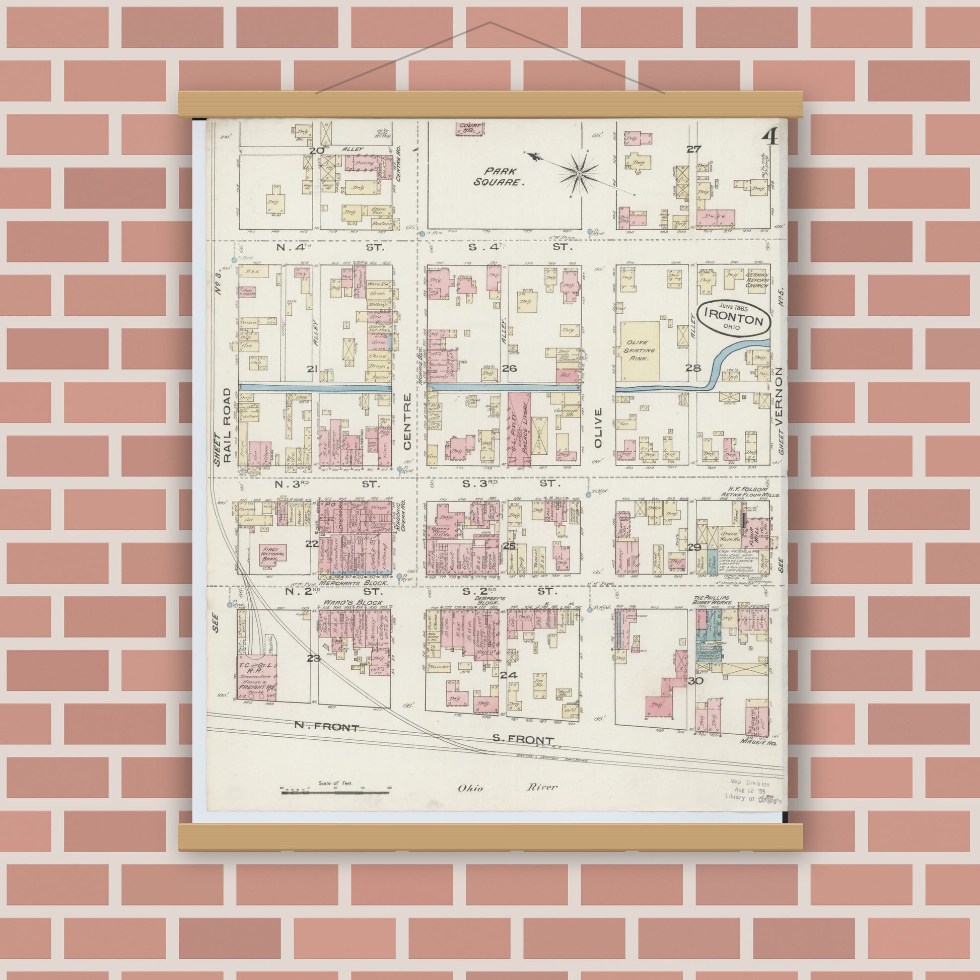 Old map wall art mockup — magnetic wood frame on brick wall — Sanborn Fire Insurance Map from Ironton, Lawrence County, Ohio (1885), Sheet #0004