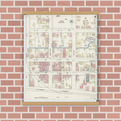 Old map wall art mockup — magnetic wood frame on brick wall — Sanborn Fire Insurance Map from Ironton, Lawrence County, Ohio (1885), Sheet #0004