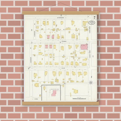 Old map wall art mockup — magnetic wood frame on brick wall — Sanborn Fire Insurance Map from Tyler, Smith County, Texas (1898), Sheet #0007