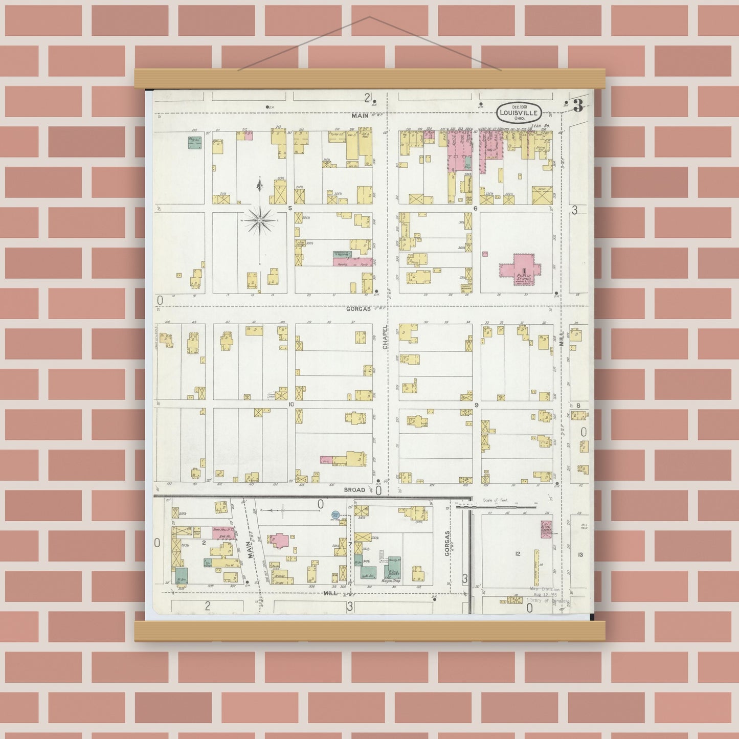 Old map wall art mockup — magnetic wood frame on brick wall — Sanborn Fire Insurance Map from Louisville, Stark County, Ohio (1901), Sheet #0003