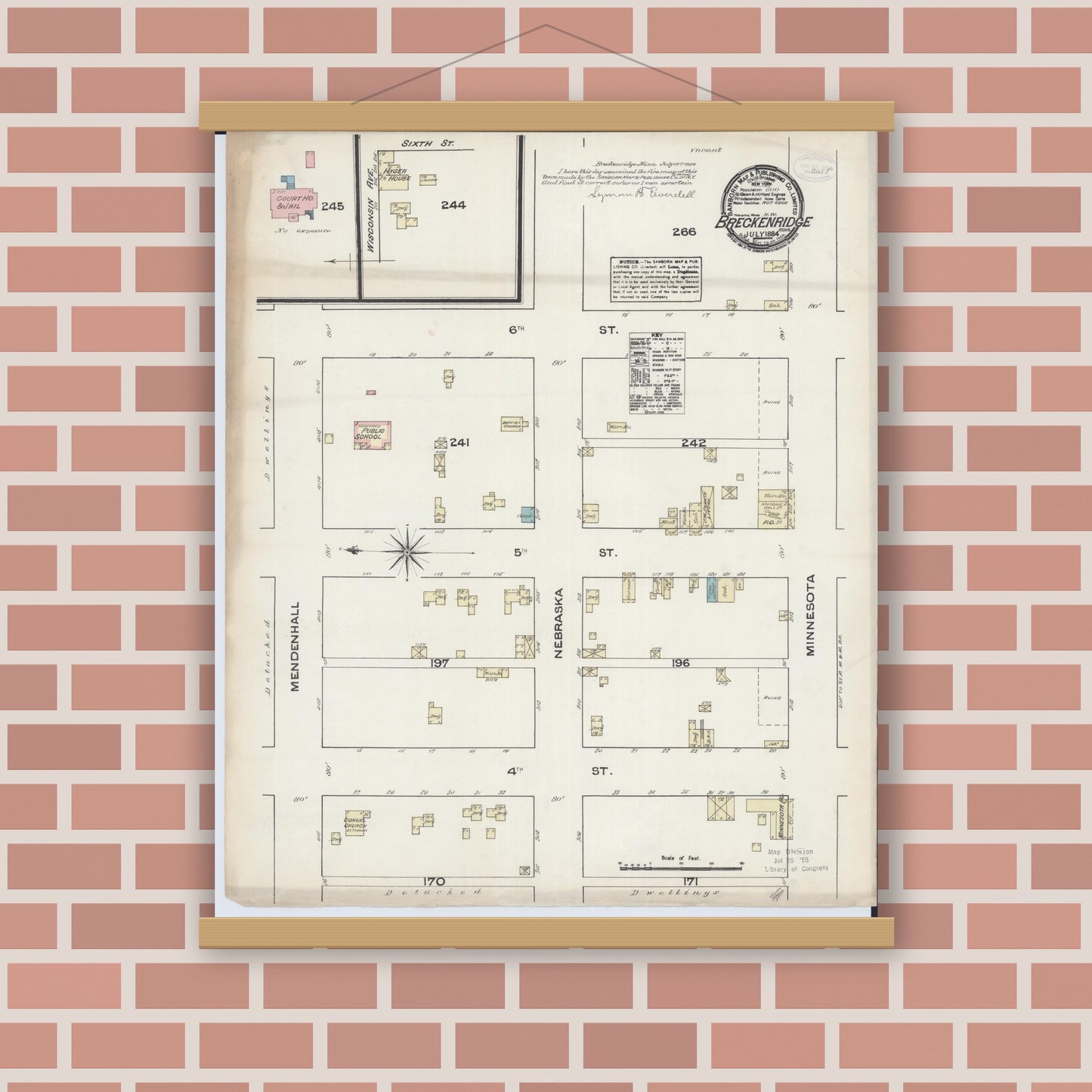 Old map wall art mockup — magnetic wood frame on brick wall — Sanborn Fire Insurance Map from Breckenridge, Wilkin County, Minnesota (1884), Sheet #0001