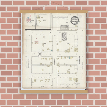 Old map wall art mockup — magnetic wood frame on brick wall — Sanborn Fire Insurance Map from Breckenridge, Wilkin County, Minnesota (1884), Sheet #0001