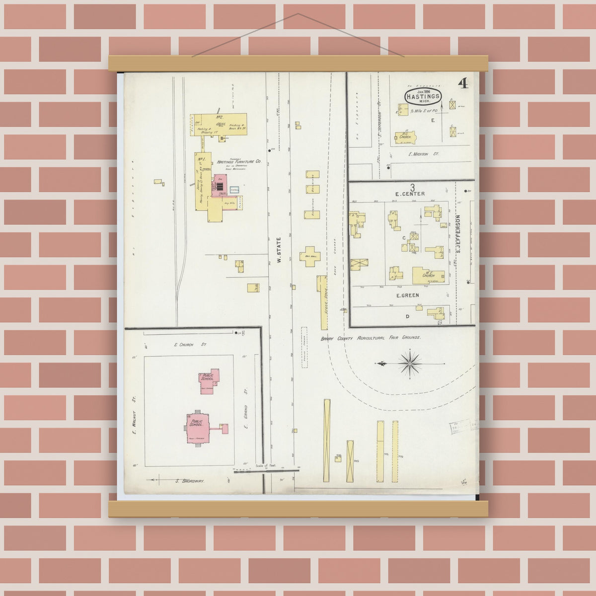 Old map wall art mockup — magnetic wood frame on brick wall — Sanborn Fire Insurance Map from Hastings, Barry County, Michigan (1896), Sheet #0004