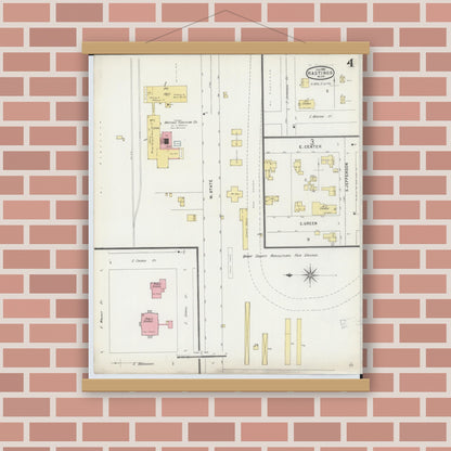 Old map wall art mockup — magnetic wood frame on brick wall — Sanborn Fire Insurance Map from Hastings, Barry County, Michigan (1896), Sheet #0004