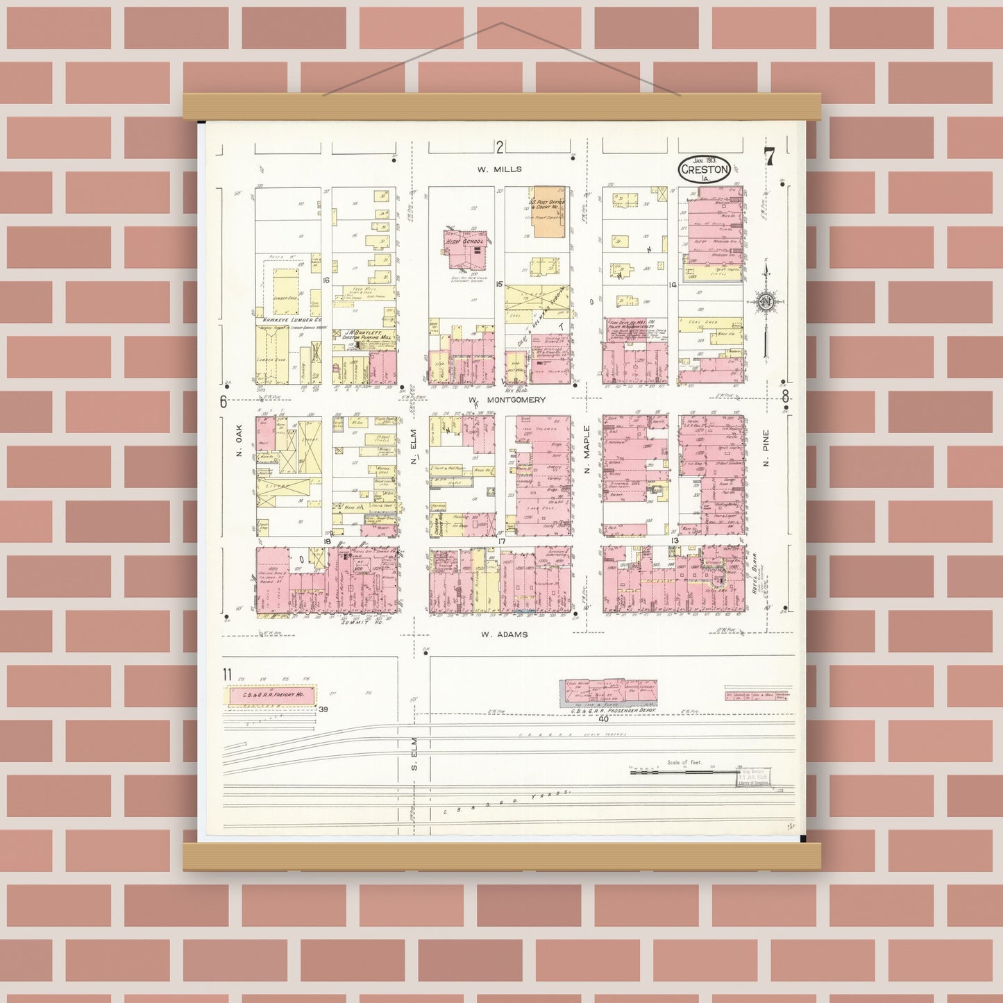 Old map wall art mockup — magnetic wood frame on brick wall — Sanborn Fire Insurance Map from Creston, Union County, Iowa (1913), Sheet #0007
