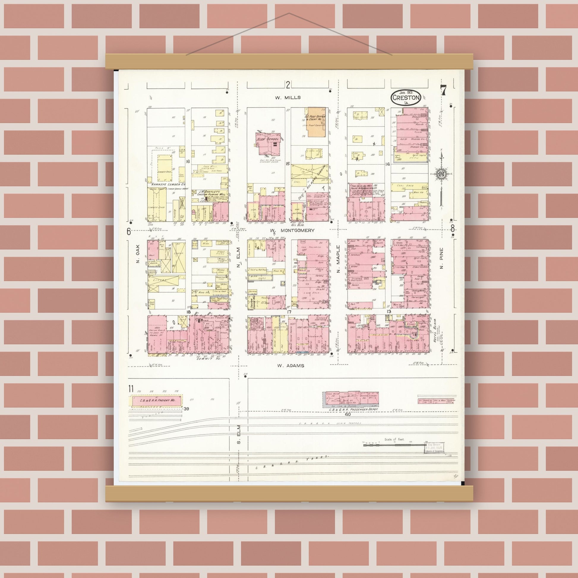 Old map wall art mockup — magnetic wood frame on brick wall — Sanborn Fire Insurance Map from Creston, Union County, Iowa (1913), Sheet #0007
