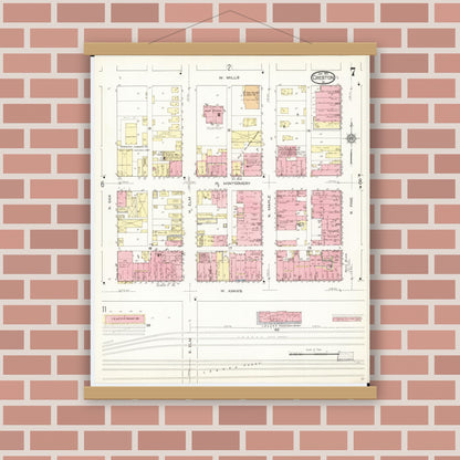 Old map wall art mockup — magnetic wood frame on brick wall — Sanborn Fire Insurance Map from Creston, Union County, Iowa (1913), Sheet #0007