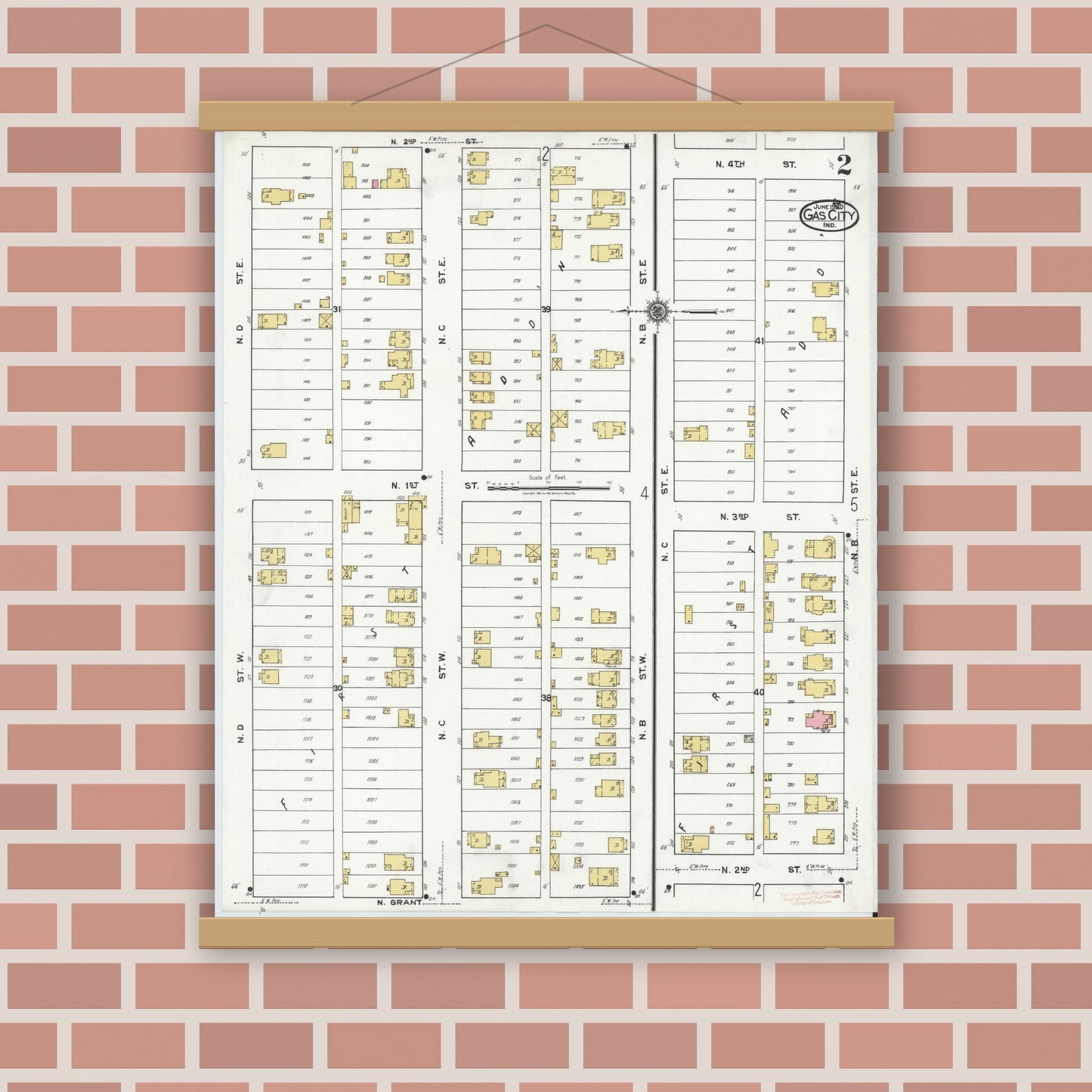Old map wall art mockup — magnetic wood frame on brick wall — Sanborn Fire Insurance Map from Gas City, Grant County, Indiana (1920), Sheet #0002