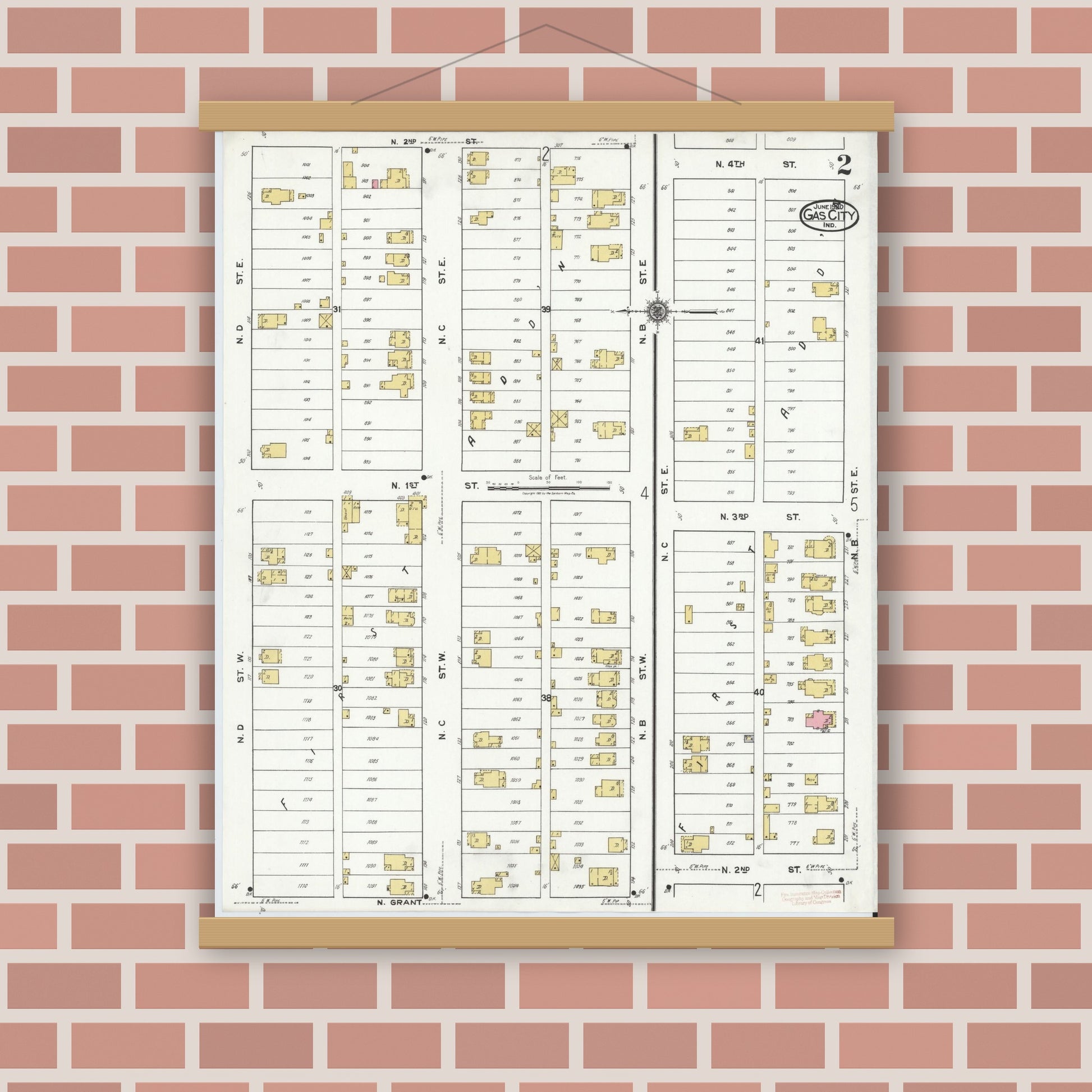 Old map wall art mockup — magnetic wood frame on brick wall — Sanborn Fire Insurance Map from Gas City, Grant County, Indiana (1920), Sheet #0002