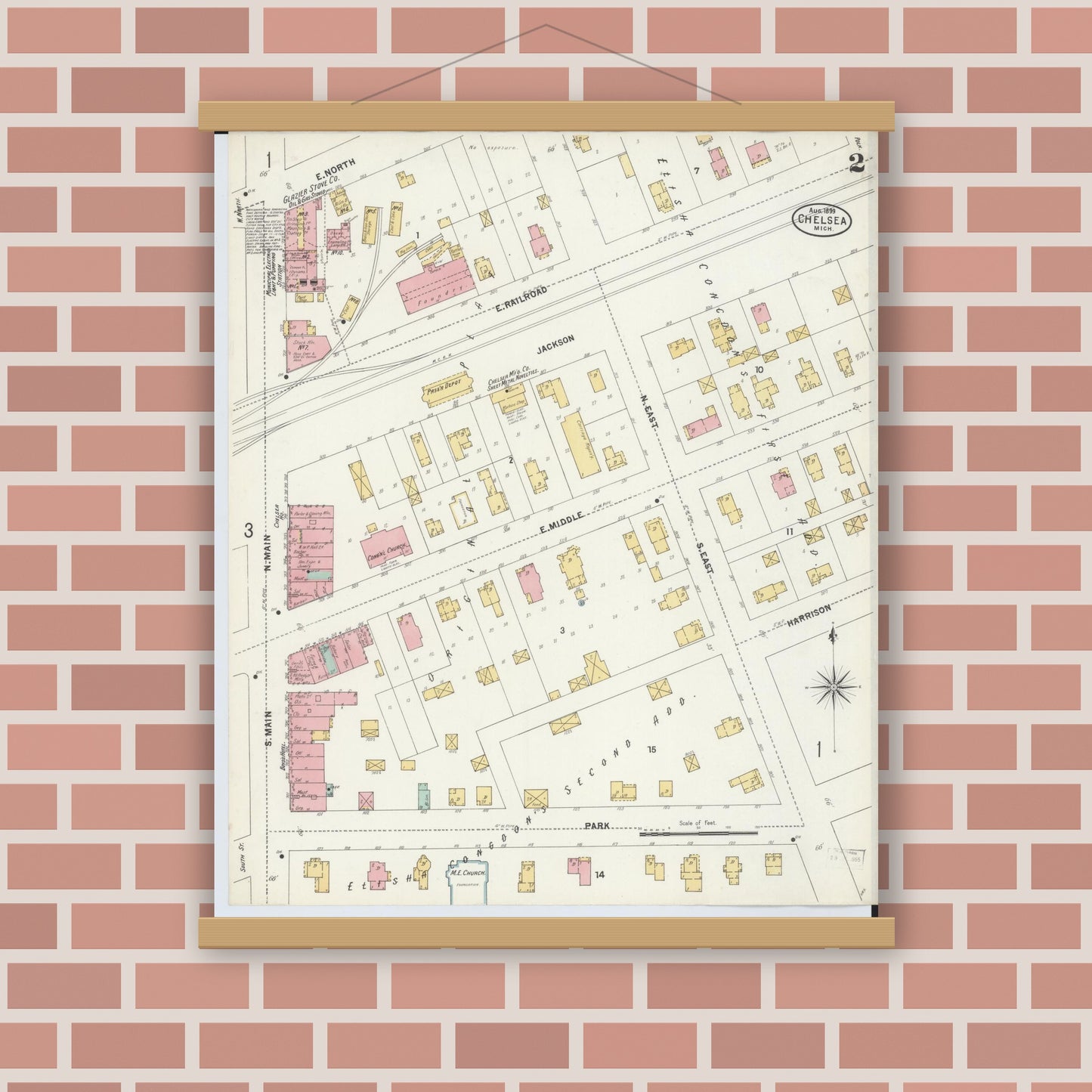 Old map wall art mockup — magnetic wood frame on brick wall — Sanborn Fire Insurance Map from Chelsea, Washtenaw County, Michigan (1899), Sheet #0002