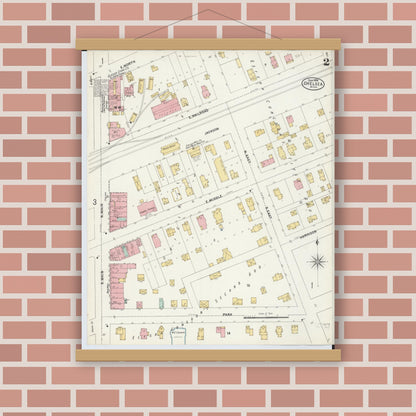 Old map wall art mockup — magnetic wood frame on brick wall — Sanborn Fire Insurance Map from Chelsea, Washtenaw County, Michigan (1899), Sheet #0002