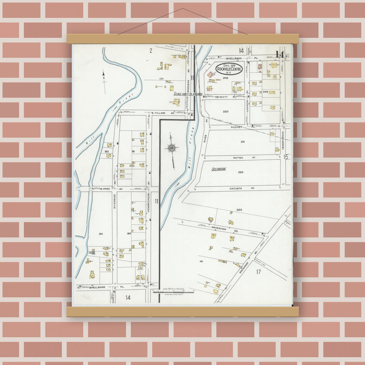 Old map wall art mockup — magnetic wood frame on brick wall — Sanborn Fire Insurance Map from Rockville Centre, Nassau County, New York (1919), Sheet #0014