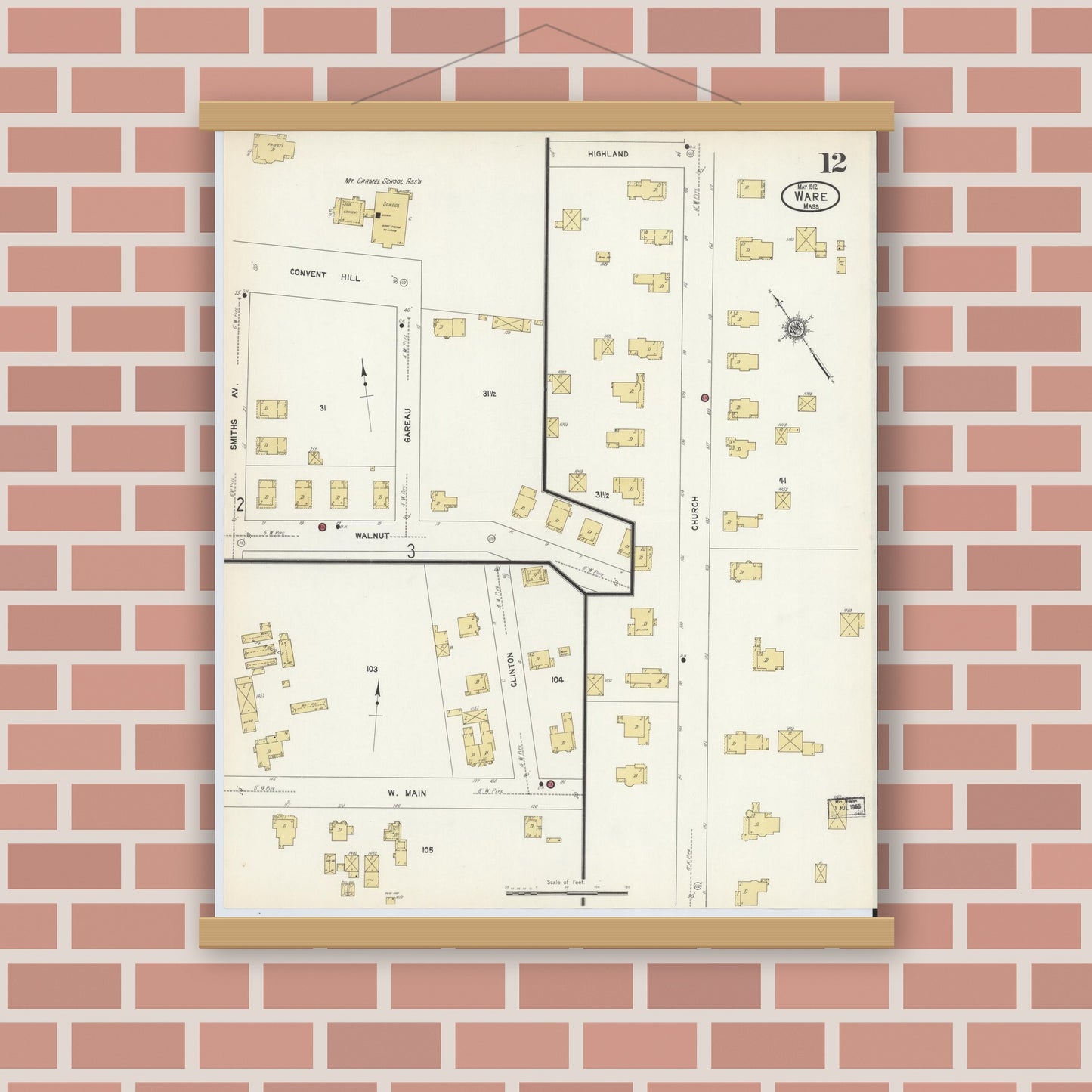 Old map wall art mockup — magnetic wood frame on brick wall — Sanborn Fire Insurance Map from Ware, Hampshire County, Massachusetts (1912), Sheet #0012