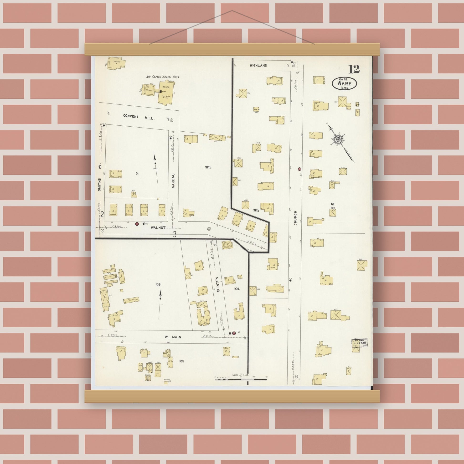 Old map wall art mockup — magnetic wood frame on brick wall — Sanborn Fire Insurance Map from Ware, Hampshire County, Massachusetts (1912), Sheet #0012