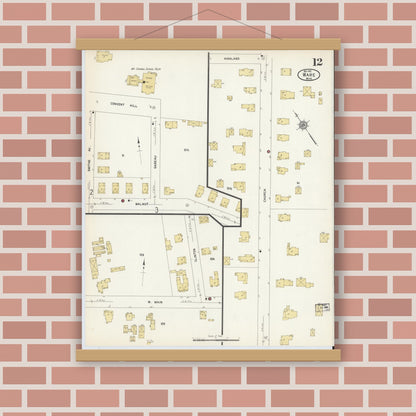 Old map wall art mockup — magnetic wood frame on brick wall — Sanborn Fire Insurance Map from Ware, Hampshire County, Massachusetts (1912), Sheet #0012