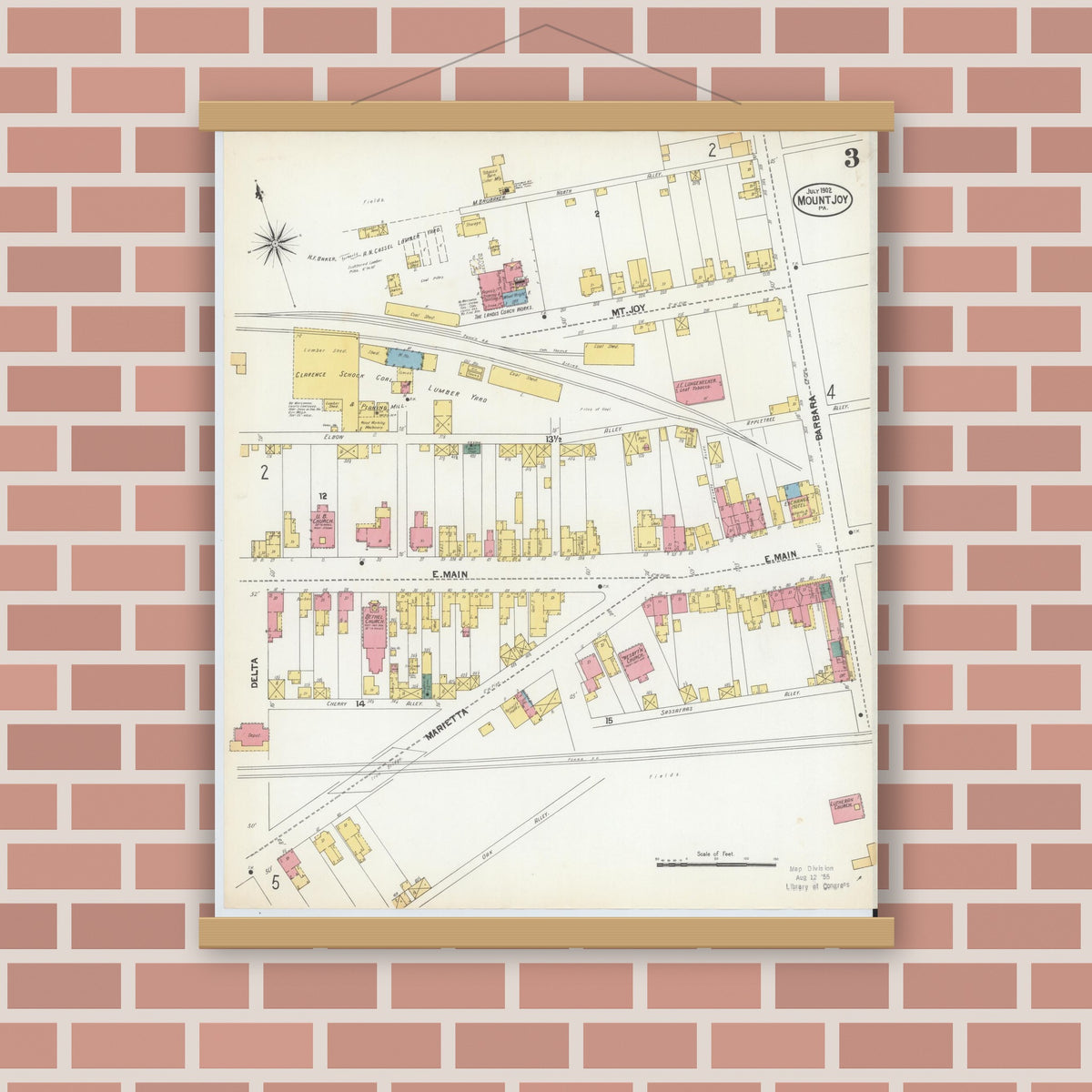 Old map wall art mockup — magnetic wood frame on brick wall — Sanborn Fire Insurance Map from Mount Joy, Lancaster County, Pennsylvania (1902), Sheet #0003