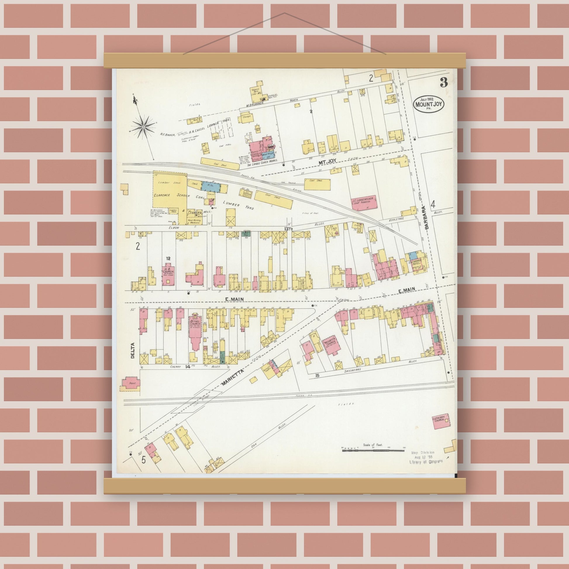 Old map wall art mockup — magnetic wood frame on brick wall — Sanborn Fire Insurance Map from Mount Joy, Lancaster County, Pennsylvania (1902), Sheet #0003