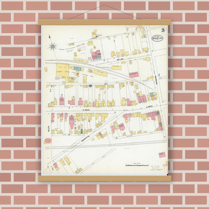 Old map wall art mockup — magnetic wood frame on brick wall — Sanborn Fire Insurance Map from Mount Joy, Lancaster County, Pennsylvania (1902), Sheet #0003