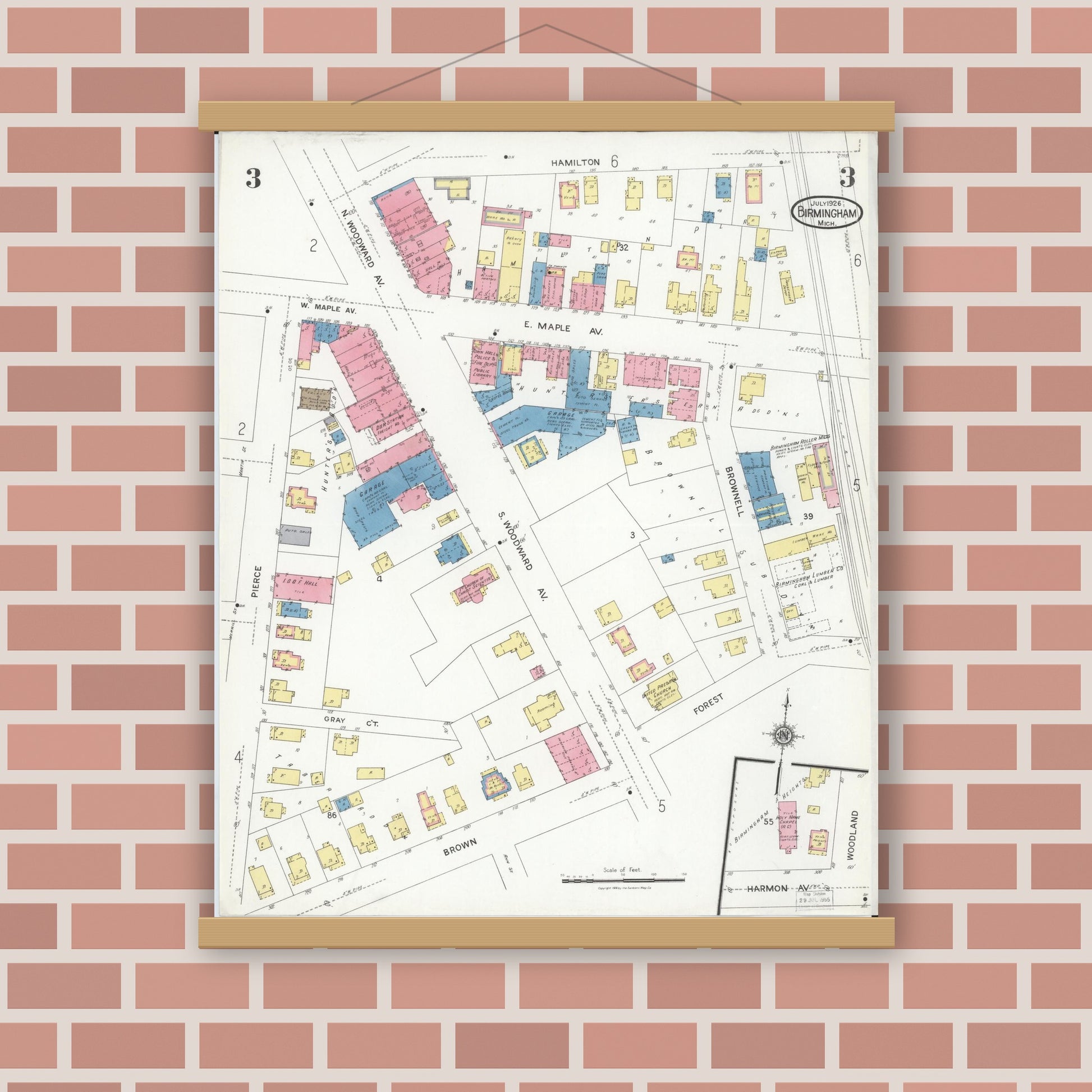 Old map wall art mockup — magnetic wood frame on brick wall — Sanborn Fire Insurance Map from Birmingham, Oakland County, Michigan (1926), Sheet #0003