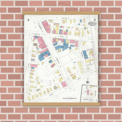 Old map wall art mockup — magnetic wood frame on brick wall — Sanborn Fire Insurance Map from Birmingham, Oakland County, Michigan (1926), Sheet #0003