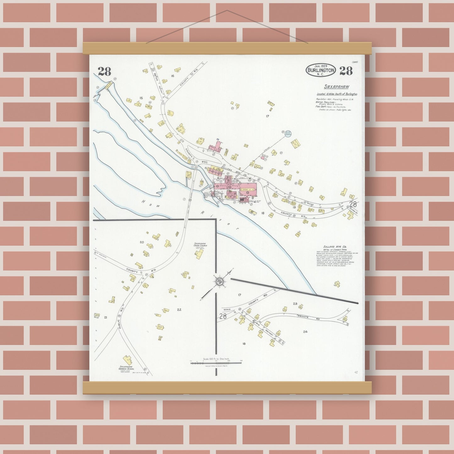 Old map wall art mockup — magnetic wood frame on brick wall — Sanborn Fire Insurance Map from Burlington, Alamance County, North Carolina (1929), Sheet #0028