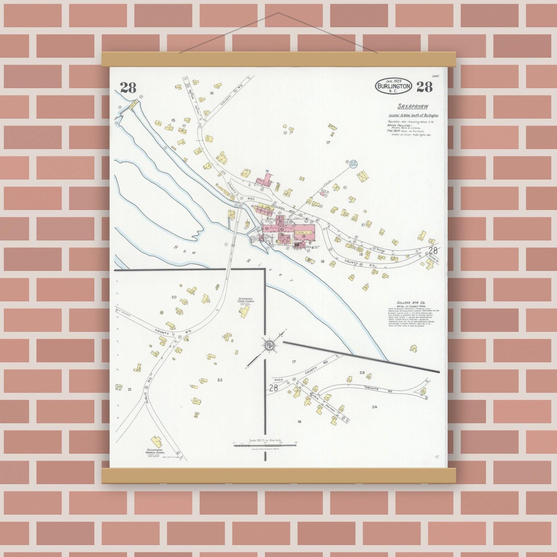 Old map wall art mockup — magnetic wood frame on brick wall — Sanborn Fire Insurance Map from Burlington, Alamance County, North Carolina (1929), Sheet #0028