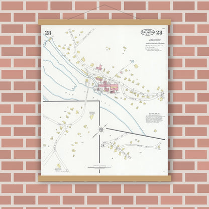 Old map wall art mockup — magnetic wood frame on brick wall — Sanborn Fire Insurance Map from Burlington, Alamance County, North Carolina (1929), Sheet #0028