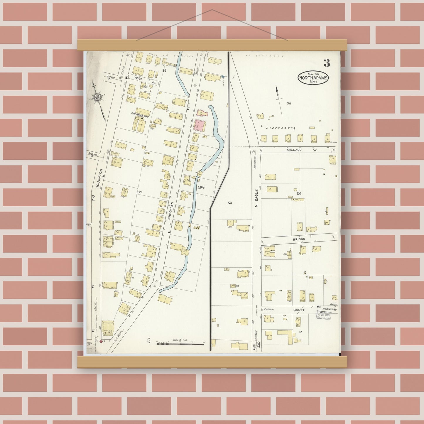 Old map wall art mockup — magnetic wood frame on brick wall — Sanborn Fire Insurance Map from North Adams, Berkshire County, Massachusetts (1914), Sheet #0003