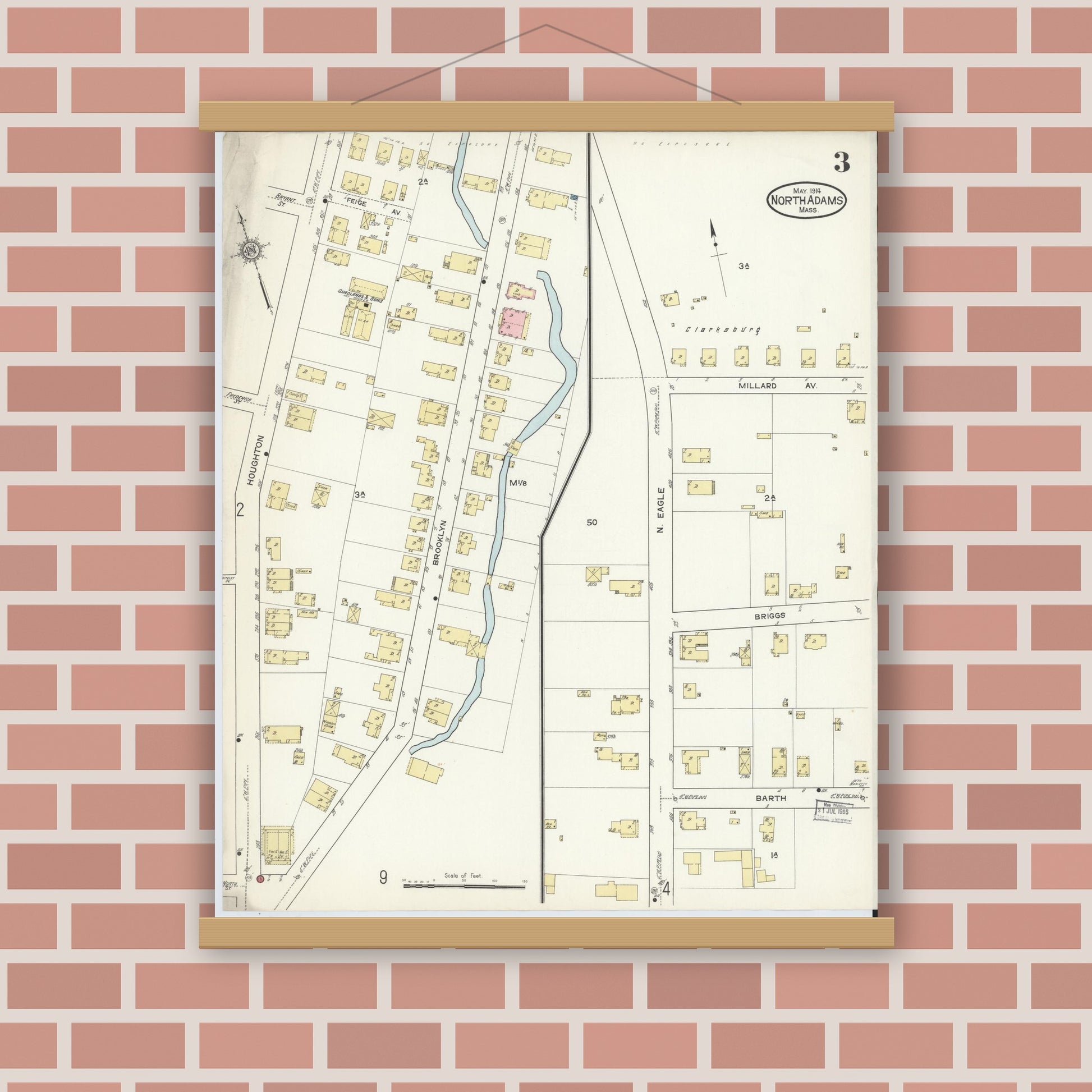 Old map wall art mockup — magnetic wood frame on brick wall — Sanborn Fire Insurance Map from North Adams, Berkshire County, Massachusetts (1914), Sheet #0003