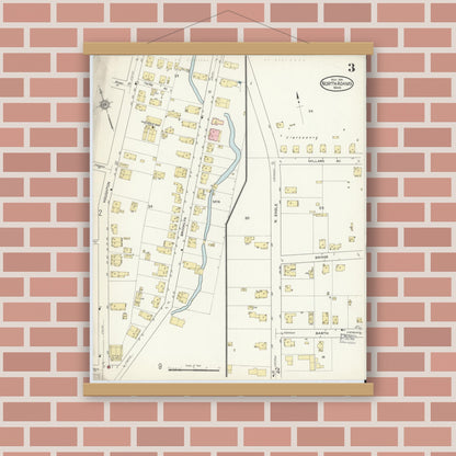 Old map wall art mockup — magnetic wood frame on brick wall — Sanborn Fire Insurance Map from North Adams, Berkshire County, Massachusetts (1914), Sheet #0003
