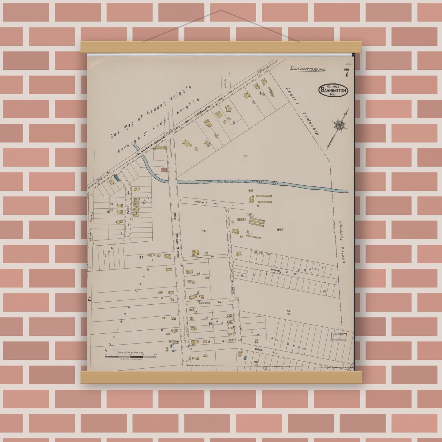 Old map wall art mockup — magnetic wood frame on brick wall — Sanborn Fire Insurance Map from Barrington, Camden County, New Jersey (1922), Sheet #0007