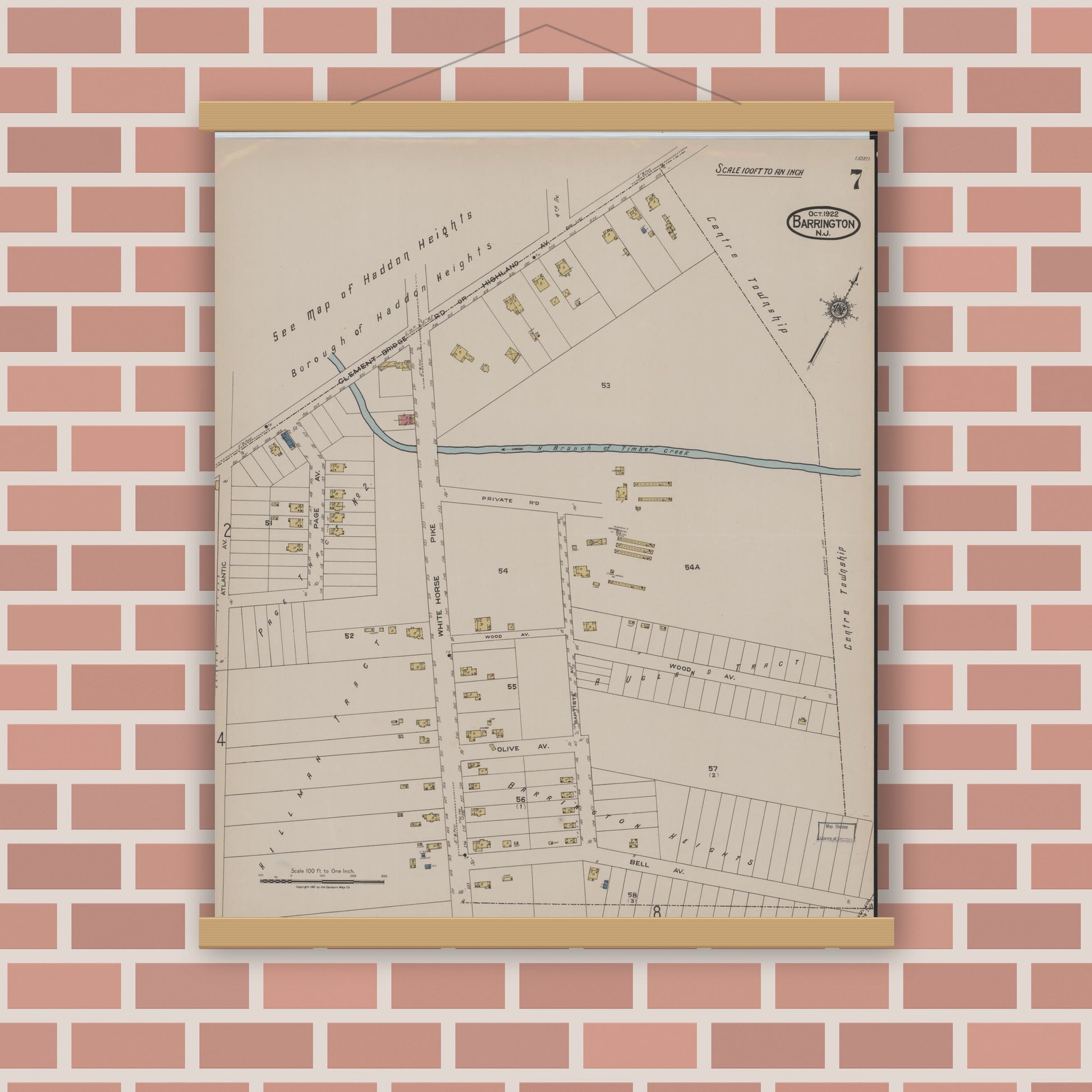 Old map wall art mockup — magnetic wood frame on brick wall — Sanborn Fire Insurance Map from Barrington, Camden County, New Jersey (1922), Sheet #0007