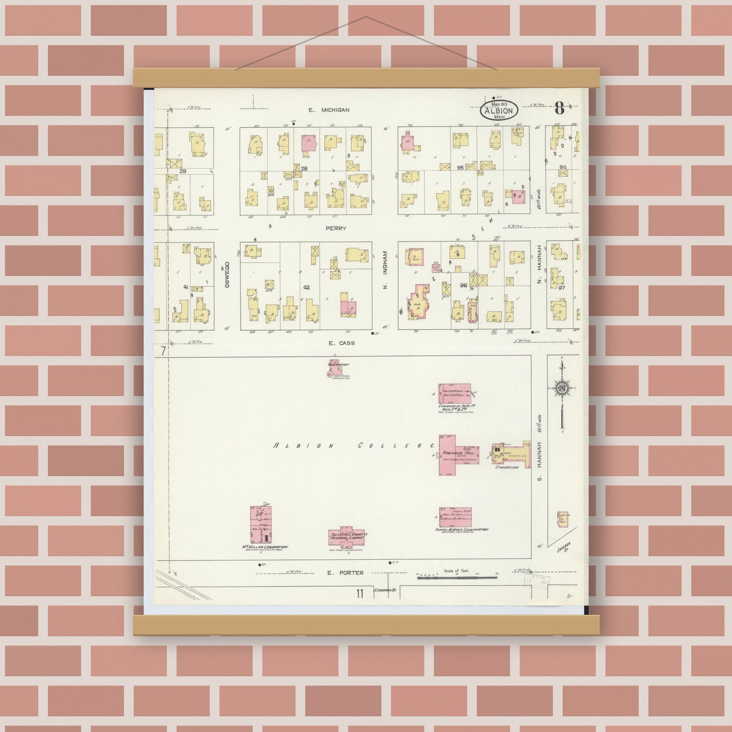 Old map wall art mockup — magnetic wood frame on brick wall — Sanborn Fire Insurance Map from Albion, Calhoun County, Michigan (1913), Sheet #0008